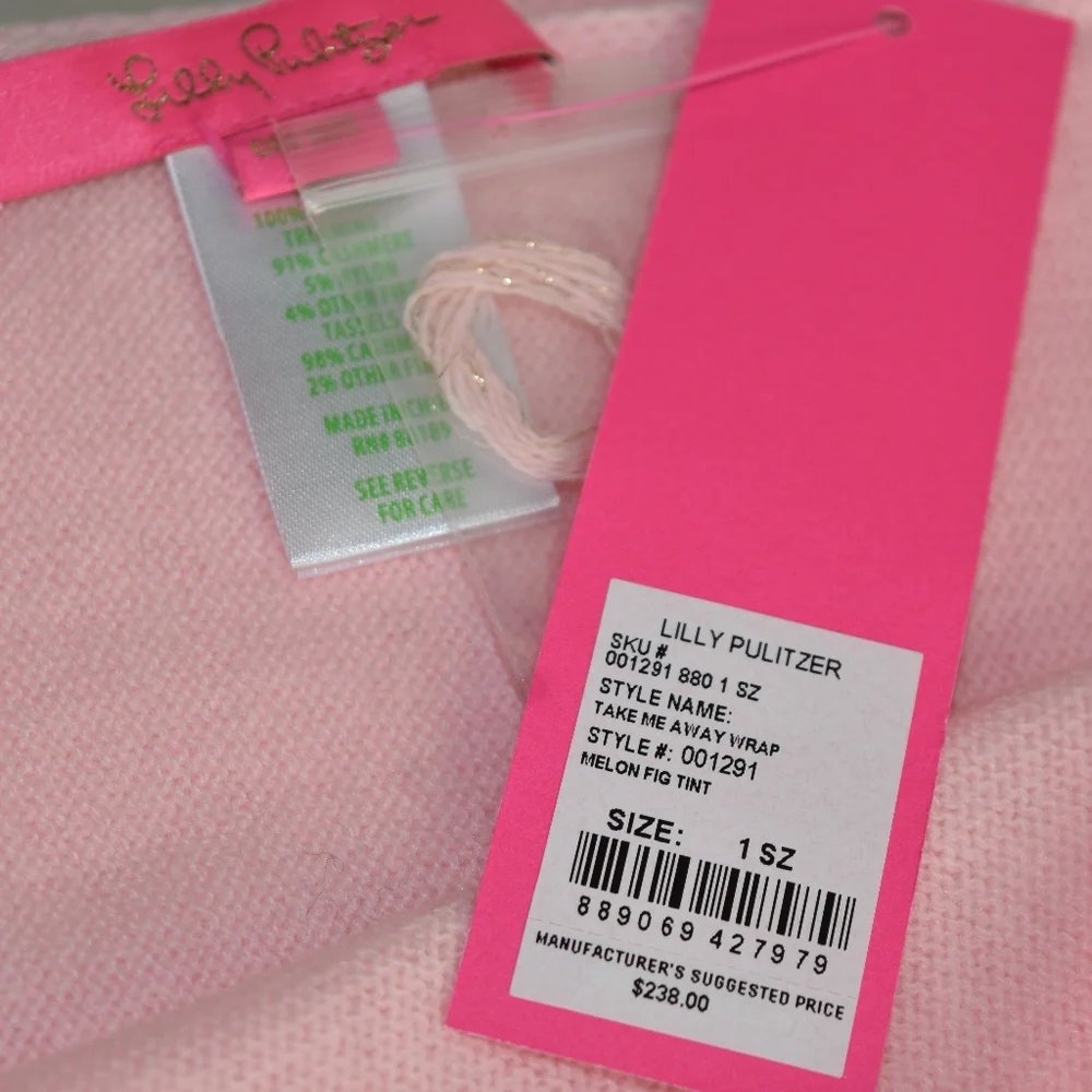 Lilly Pulitzer Take Me Away Cashmere Wrap Tassels Lurex Pink Gold Women's Scarf - Picture 11 of 11